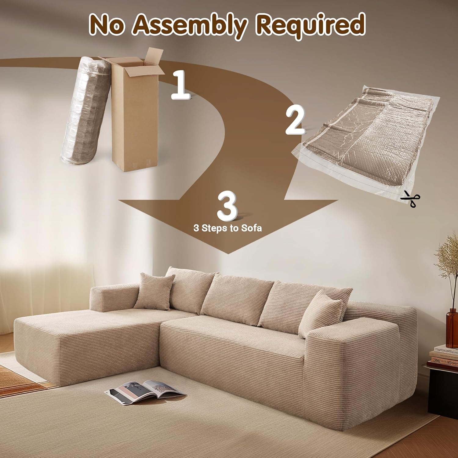 ovios 104" Cloud Sectional Couch with L-Shape Chaise,Modern Modular Sofa with Deep Seat, Upholstered Couches for Living Room Bedroom,No Assembly Required, Black (Corduroy Fabric)