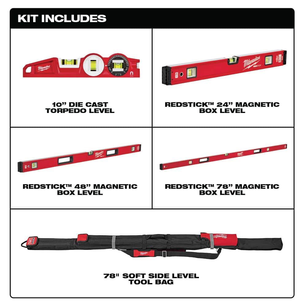 10 in. /24 in. /48 in. /78 in. REDSTICK Magnetic Box and Torpedo Level Set MLBXCM78