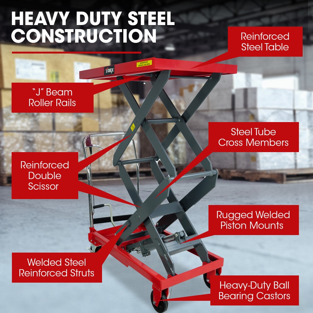 T-REX 300KG Hydraulic High Lift Double Scissor Trolley, 1.3M Max Platform Hgt, Heavy-Duty, for Material Handling
