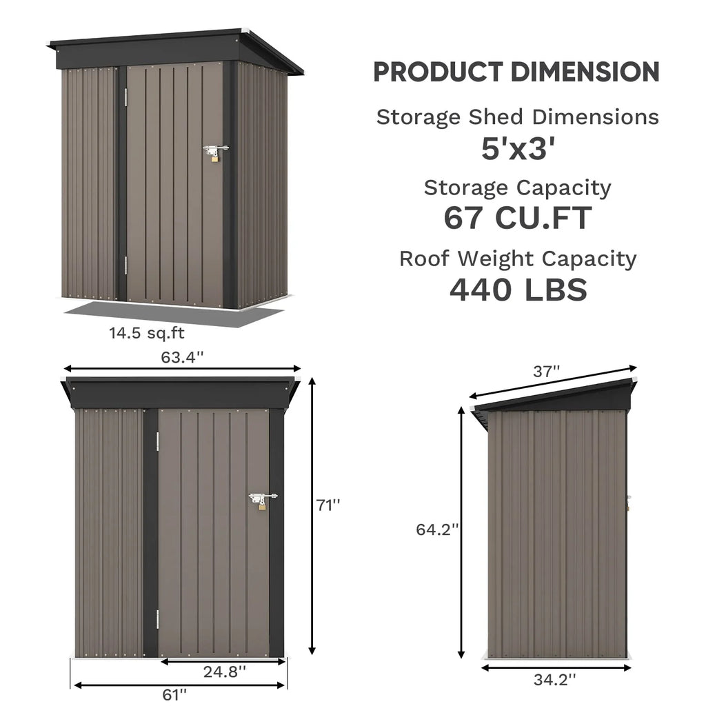 Patiowell 5x3 FT Outdoor Storage Shed for Backyard Garden Patio Lawn