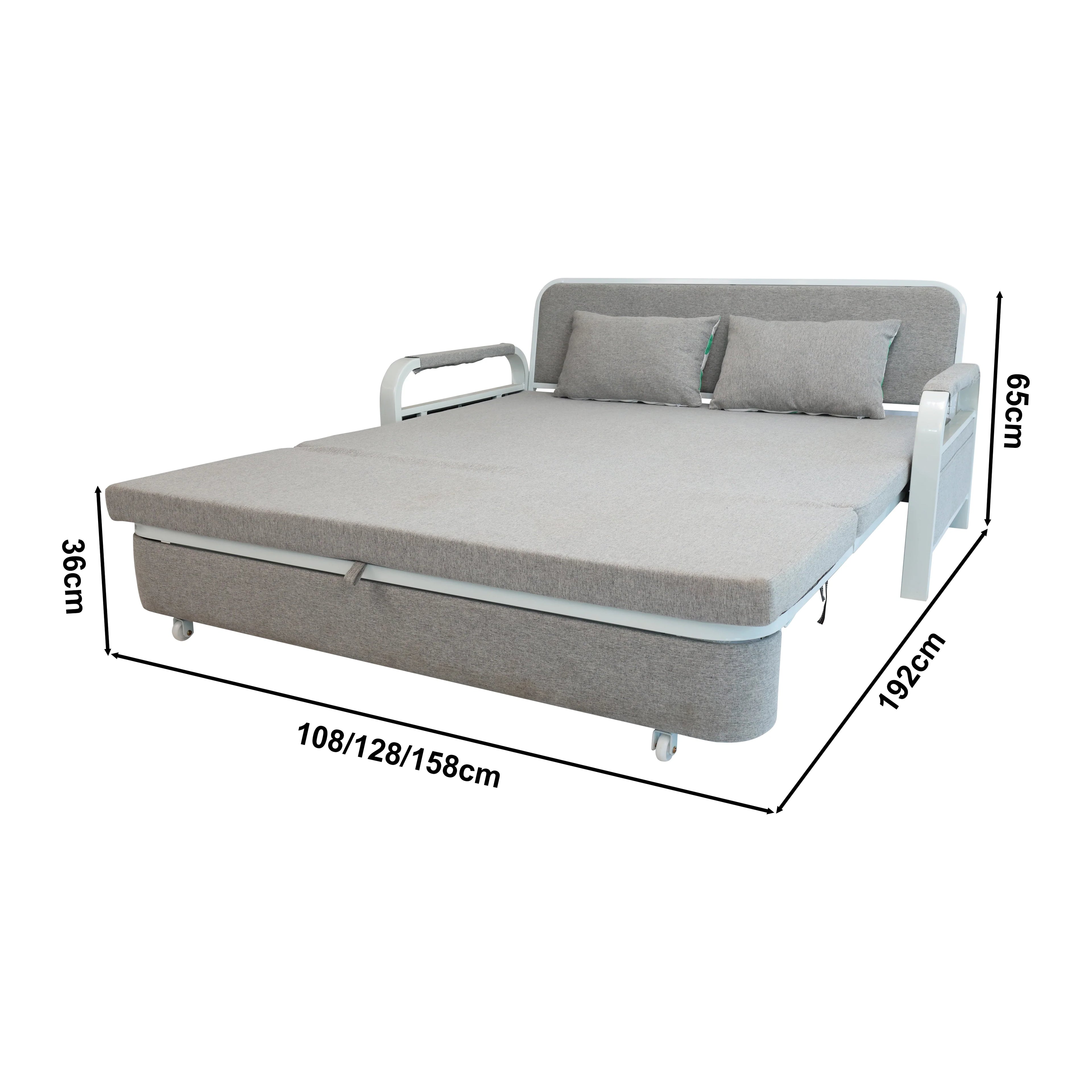 Convertible Sofa Bed with Pillows, Side Pockects and Storage Compartment, Carbon Steel and Linen Cotton