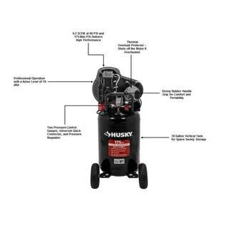 Husky 30-gallon compressor, 175 PSI, oil-lubricated belt drive, portable vertical electric air compressor C304H
