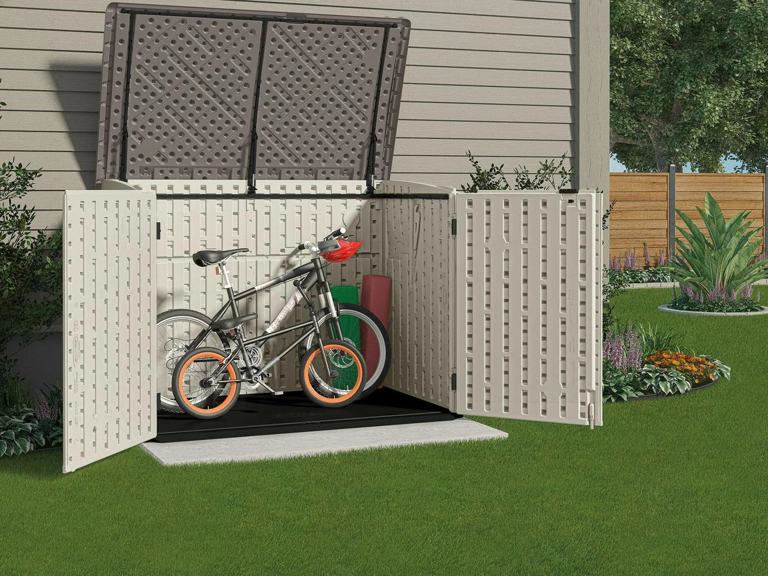 Suncast BMS4700 Resin Storage Shed, Off-White/Gray, 70.5′′W x 44.25′′D x 52′′H, Double Door, UV Resistant