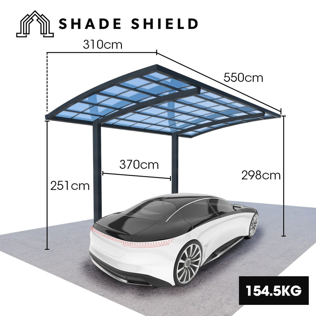 SHADE SHIELD Single Cantilever Carport 3.0m x 5.5m x 2.98m, Aluminium Alloy Frame, Polycarbonate Roof, Shelter for Car or Outdoor Living