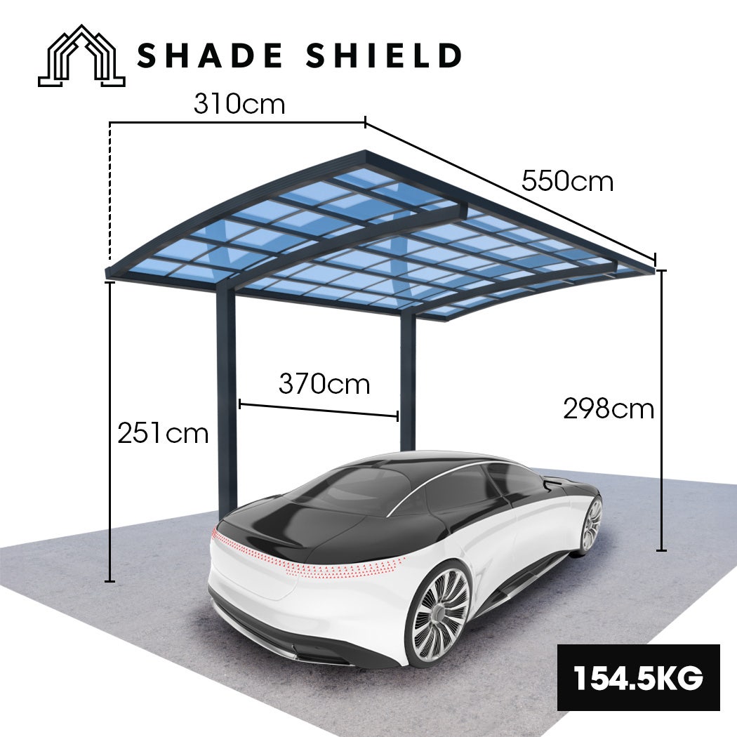 SHADE SHIELD Single Cantilever Carport 3.0m x 5.5m x 2.98m, Aluminium Alloy Frame, Polycarbonate Roof, Shelter for Car or Outdoor Living