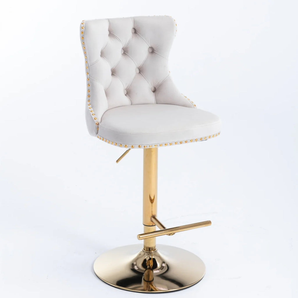 4x Height Adjustable Swivel Bar Stool Velvet Studs Barstool with Footrest and Golden Base- Beige