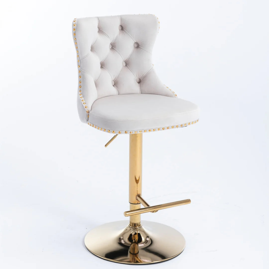 4x Height Adjustable Swivel Bar Stool Velvet Studs Barstool with Footrest and Golden Base- Beige