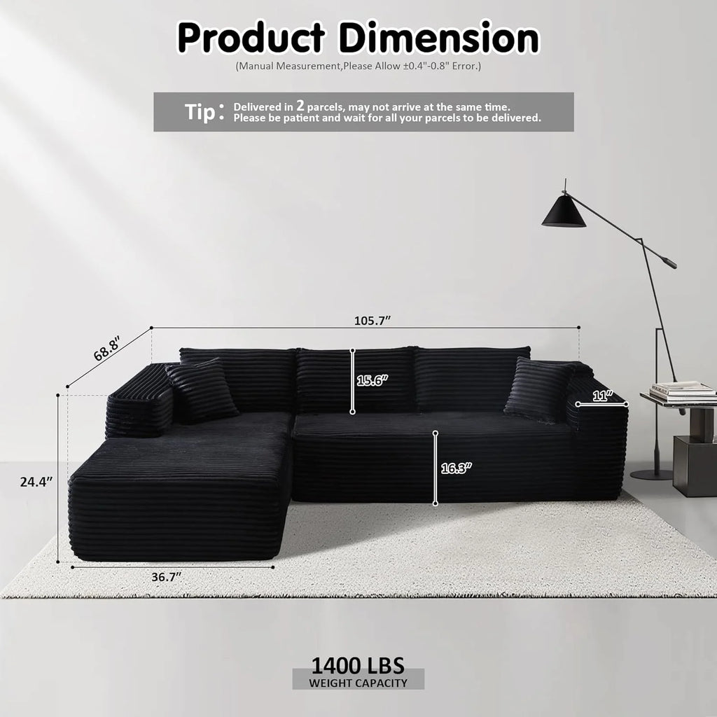 ovios 104" Cloud Sectional Couch with L-Shape Chaise,Modern Modular Sofa with Deep Seat, Upholstered Couches for Living Room Bedroom,No Assembly Required, Black (Corduroy Fabric)