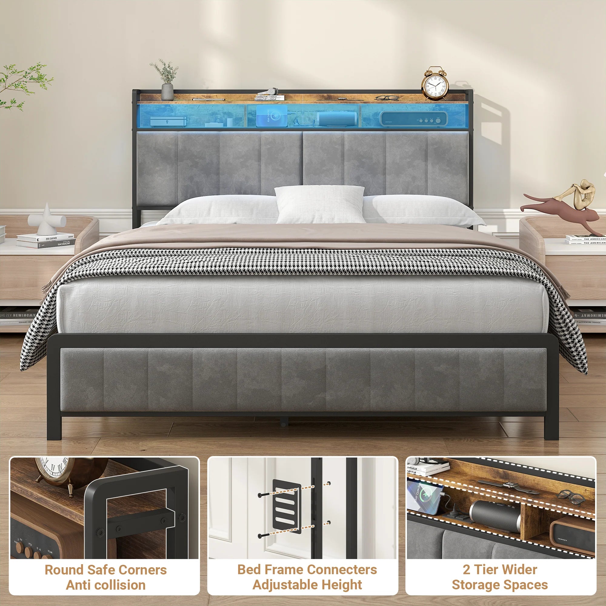 Storage Headboard Upholstered with Charging Station