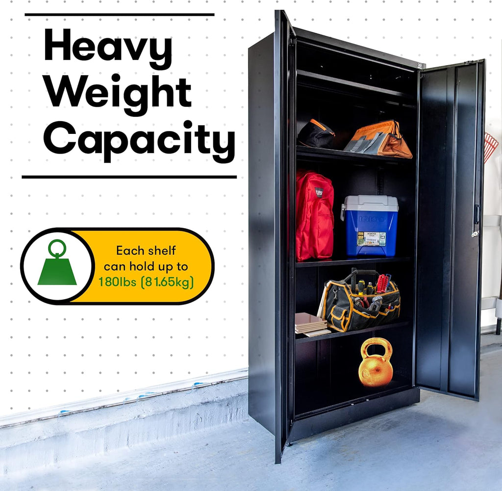 Heavy Duty Metal Garage Locker - 71 "tall large steel multipurpose locker with adjustable shelves and door locks - black and silver