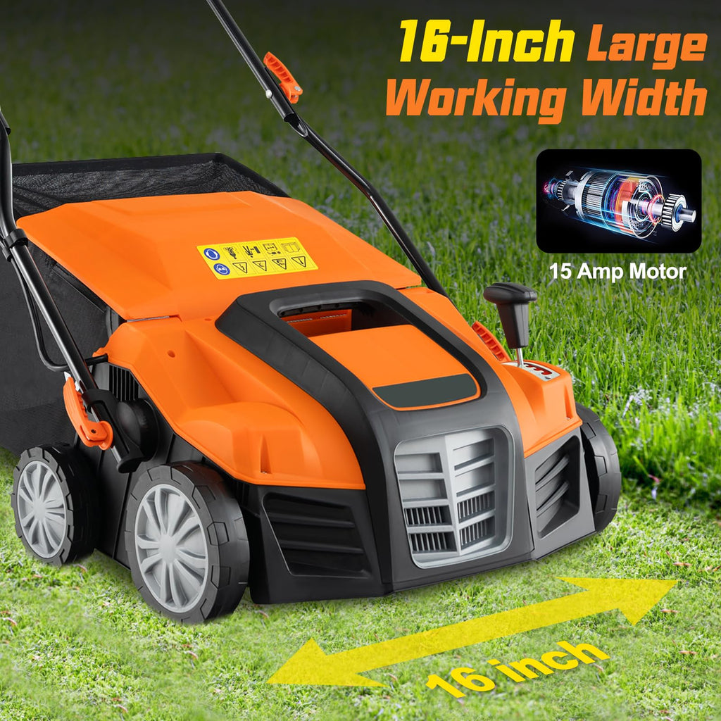 2-in-1 Scarifier and Lawn Dethatcher, 16-Inch 15A Corded Electric Dethatcher w/ 14.5-Gal Collection Bag