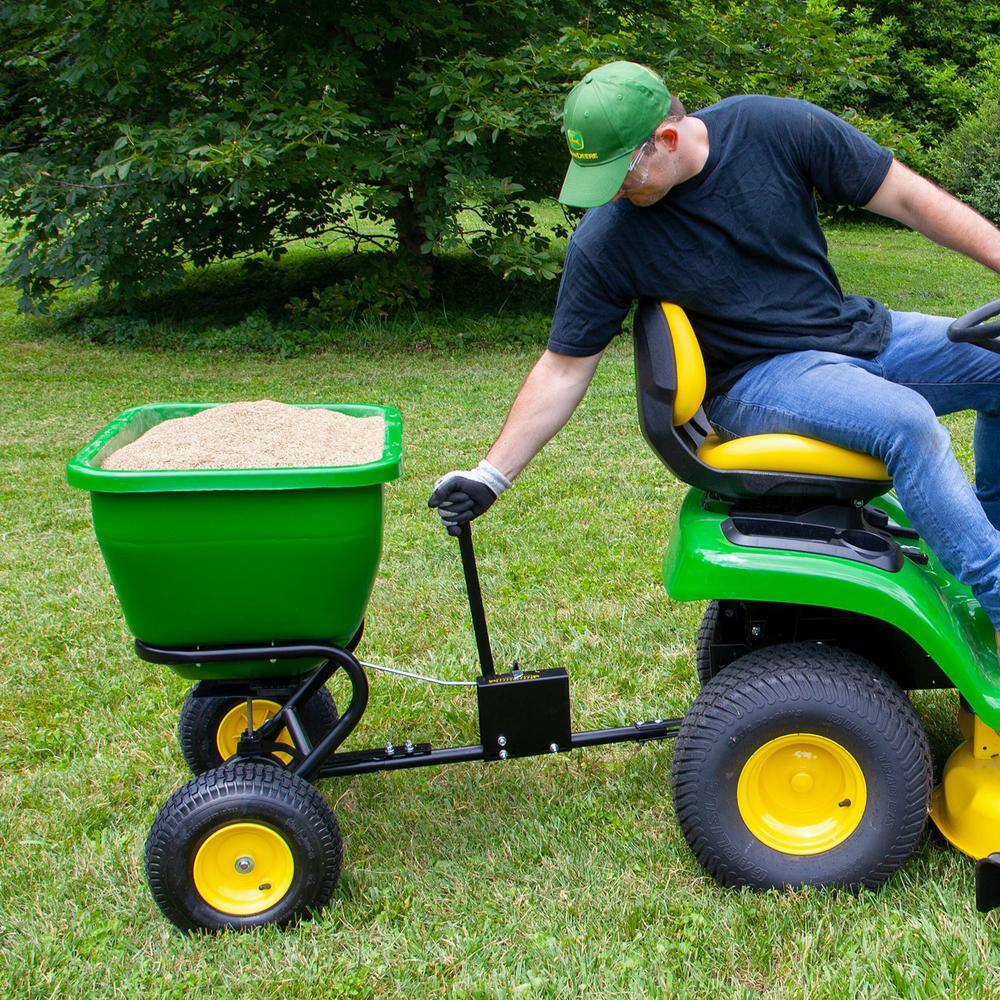 John Deere 175 lb Tow-Behind Broadcast Spreader, Rustproof Poly Hopper, Universal Fit