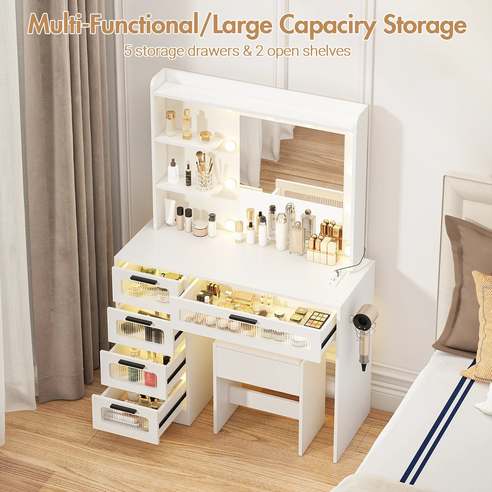 Dressing Table Stool Set with Glass Drawer