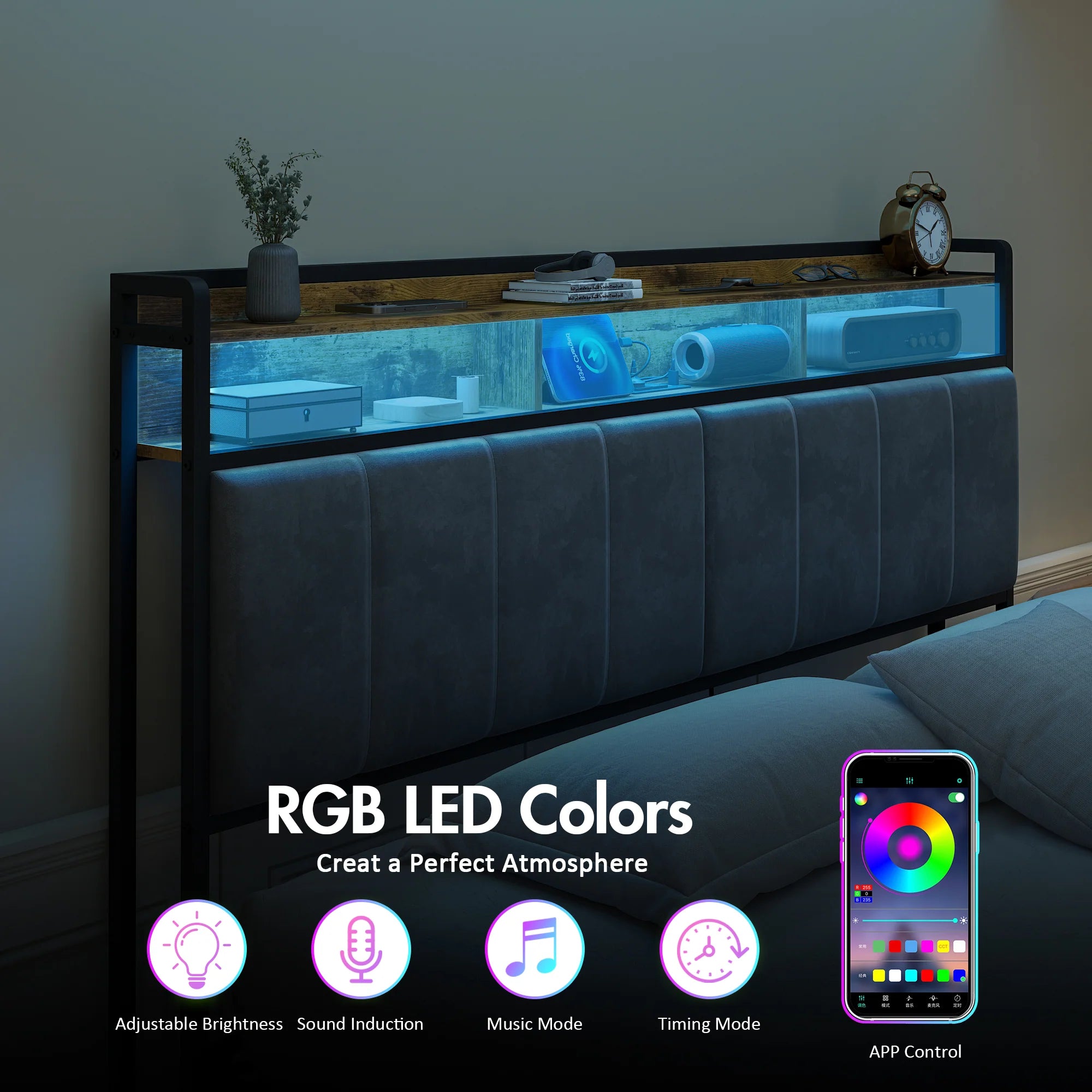 Storage Headboard Upholstered with Charging Station