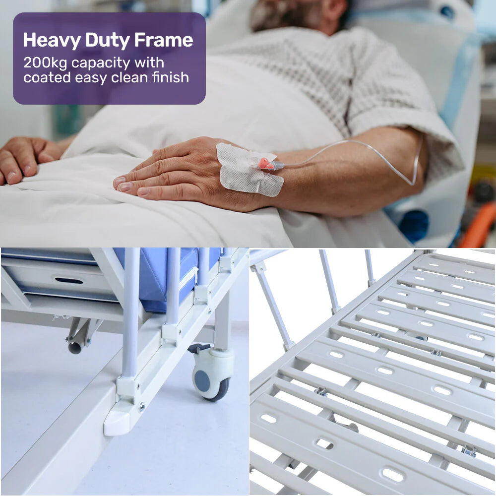 EQUIPMED Medical Bed, w/ Mattress & Over Bed Table, Easy Manual Back and Leg Incline Adjustable, IV Pole, Home Aged Care or ICU Hospital