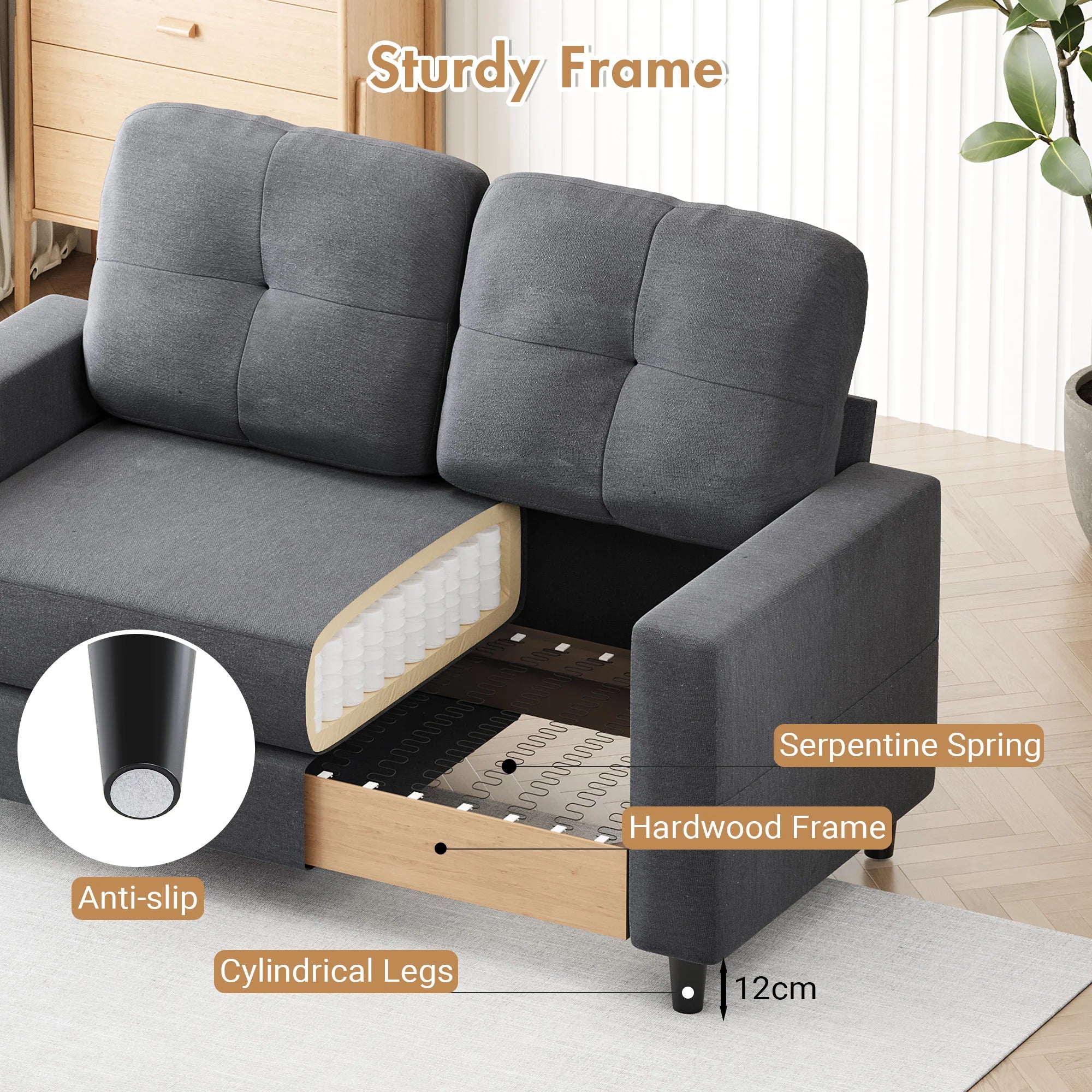 2-Seater Sofa 132cm Loveseat Sofa Dark Grey