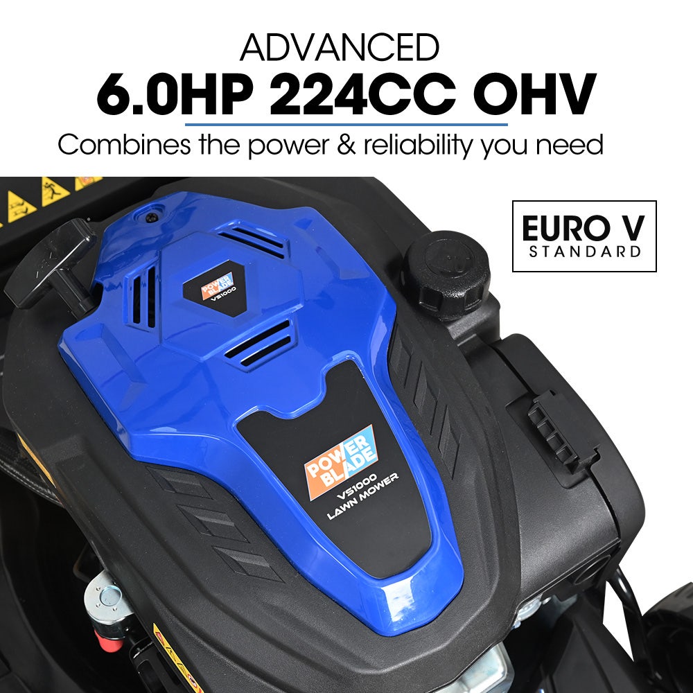 POWERBLADE 22" 224cc Self-Propelled Lawn Mower, Electric Start, 7 Height, Steel Deck, Deck Wash Port, OHV 4-Stroke Petrol - VS1000