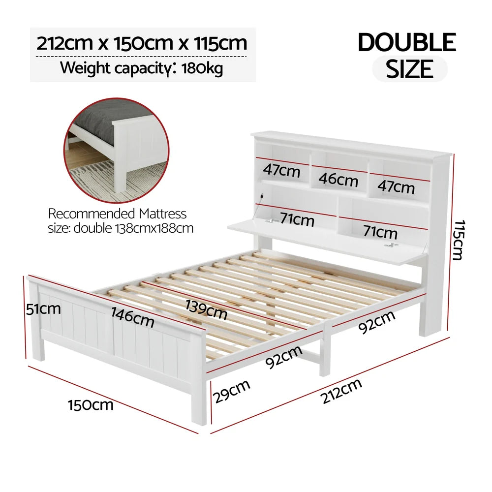 Artiss Bed Frame Double Size Wooden with 3 Shelves Bed Head White