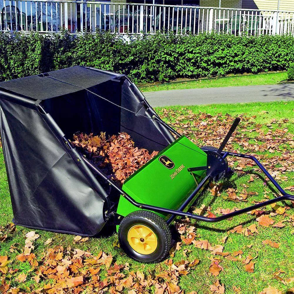 John Deere 42″ trailed lawn sweeper, 24 cubic foot capacity, adjustable brushes