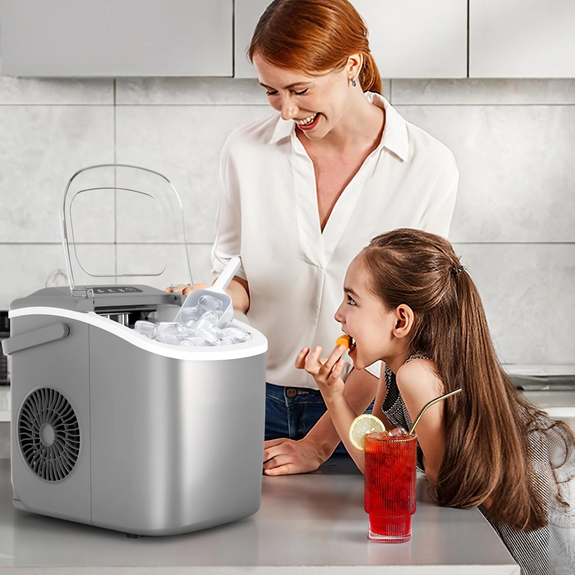 Crzoe Countertop Ice Maker Machine with Handle, 9 Bullet-Shaped Ice Cubes Ready in 6 Mins, 26Lbs/24H, Self-Cleaning Function with Ice Scoop and Basket for Home/Kitchen/Party (Grey)