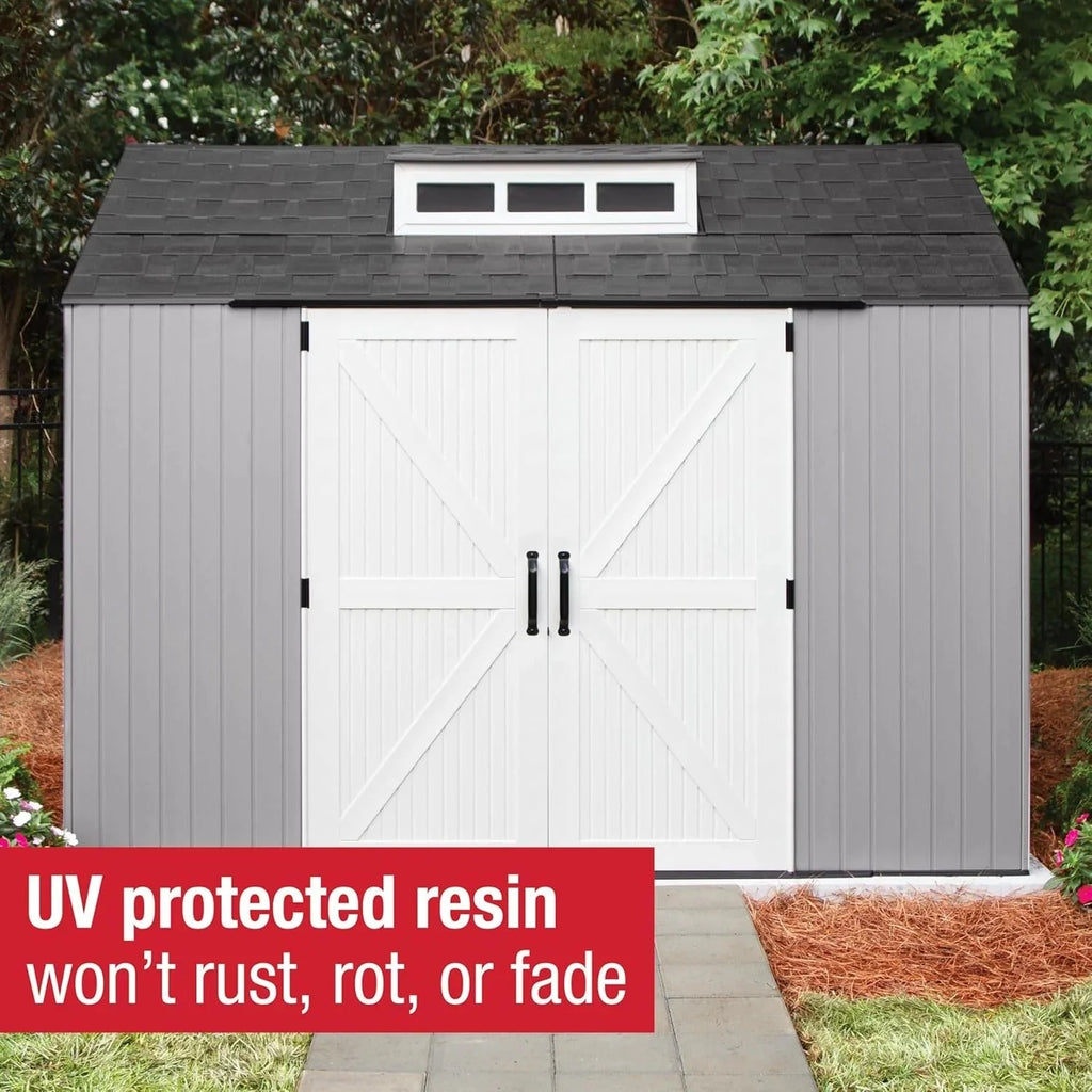 Rubbermaid resin garden shed with floor (2.13 x 2.13 m), weatherproof, grey, for storing garden tools, lawnmowers, bicycles and pool accessories