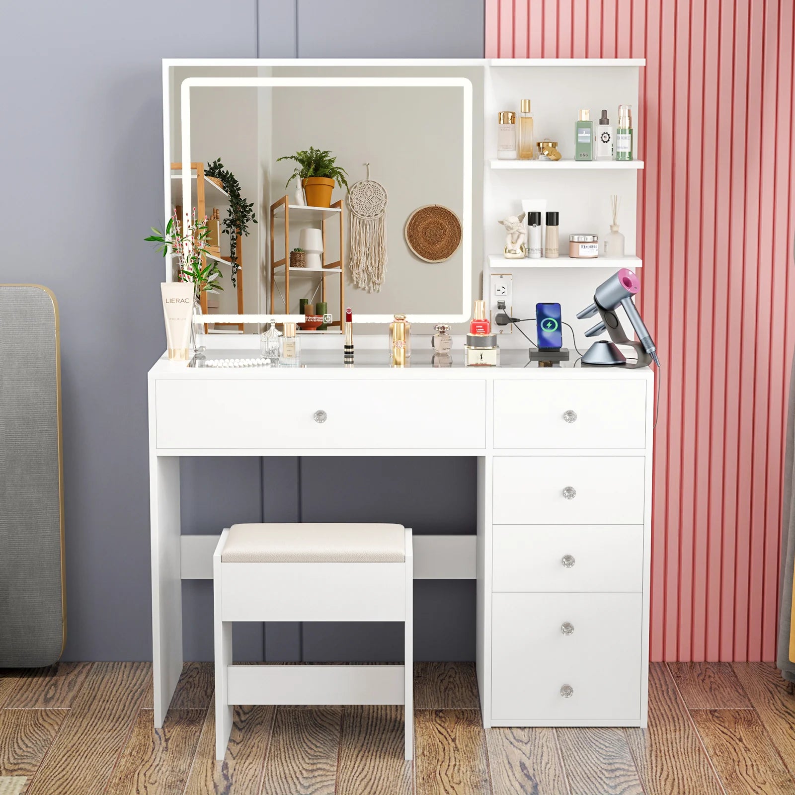 Dressing Table Stool Set Glass Tabletop