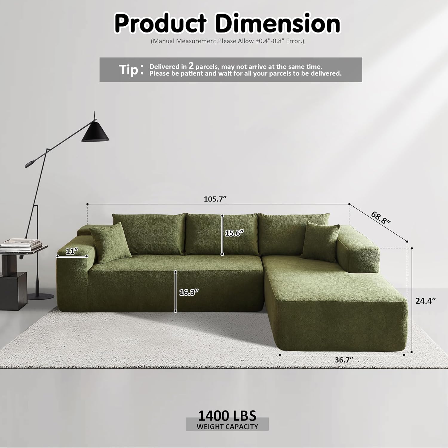 ovios 104" Cloud Sectional Couch with L-Shape Chaise,Modern Modular Sofa with Deep Seat, Upholstered Couches for Living Room Bedroom,No Assembly Required, Black (Corduroy Fabric)