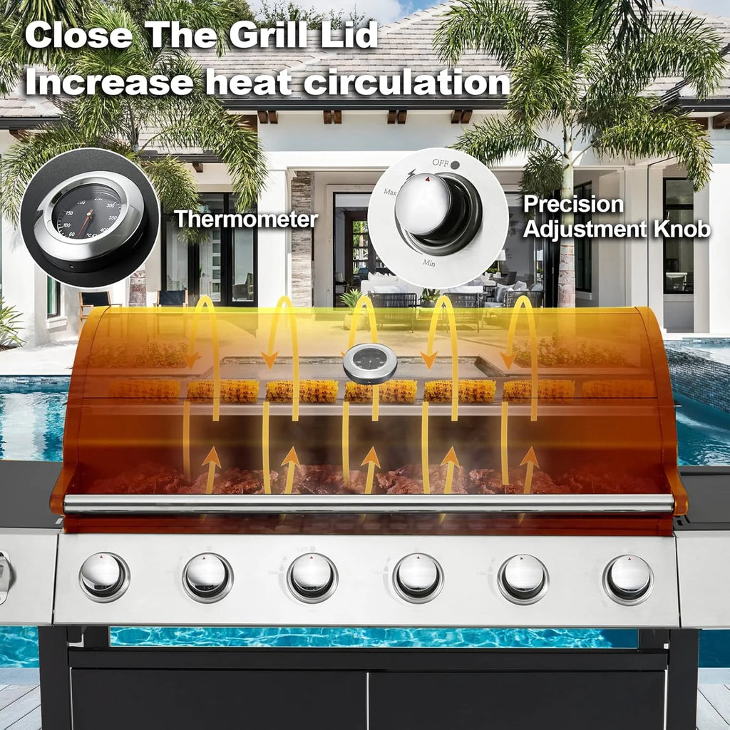 Upgraded 4 Burner BBQ Propane Gas Grill with Cast Iron Grates & Side Stove, 44,000 BTU Stainless Steel Burner Barbecue Grill for Patio, Camping, Outdoor Cooking MELLCOM