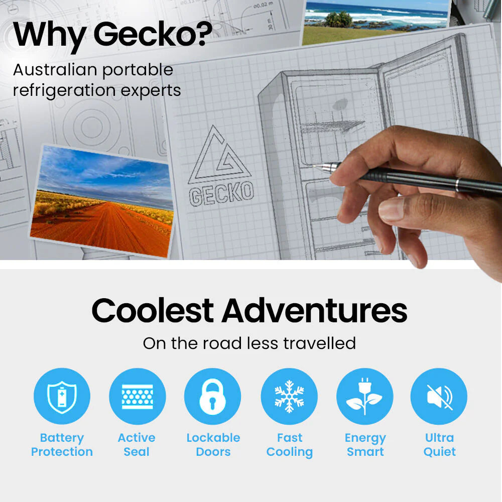 GECKO 142L Upright Portable Fridge / Freezer, 12V/24V/240V for Motorhome and Caravan, Silver