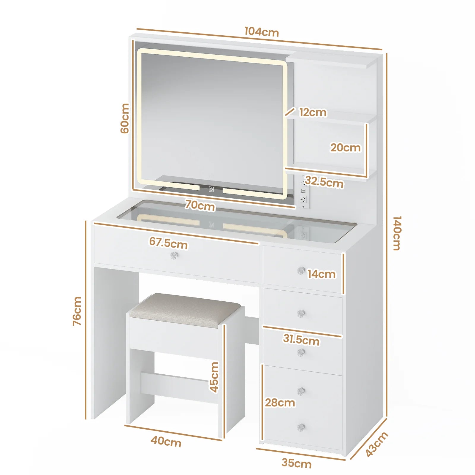 Dressing Table Stool Set Glass Tabletop