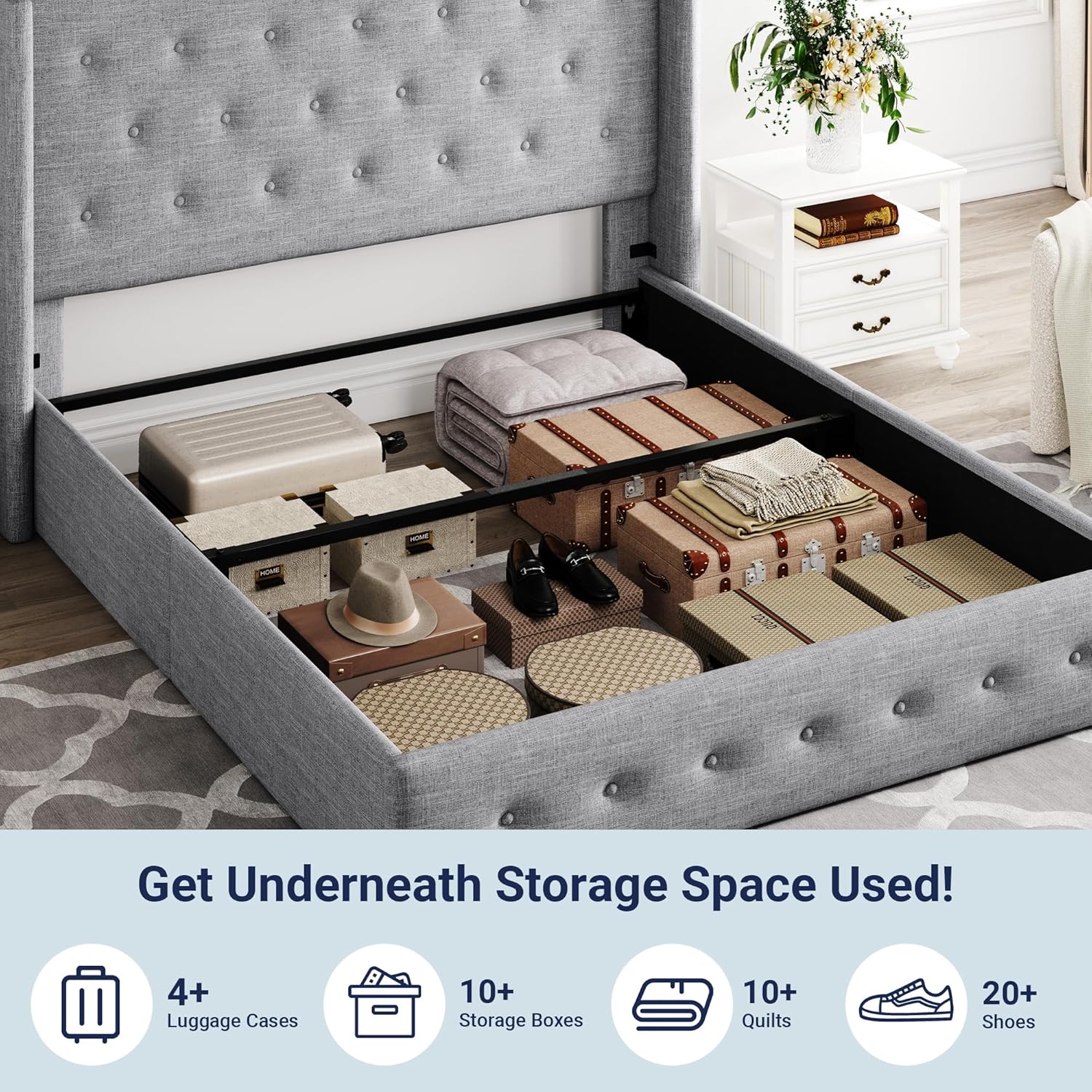 Allewie Queen Size Lift Up Storage Bed, Modern Wingback Headboard, Hydraulic Support, No Box Spring Needed, Light Beige