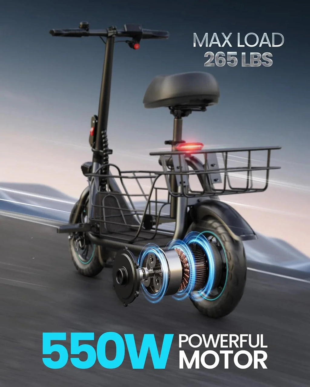 Electric scooter for adults with large center basket