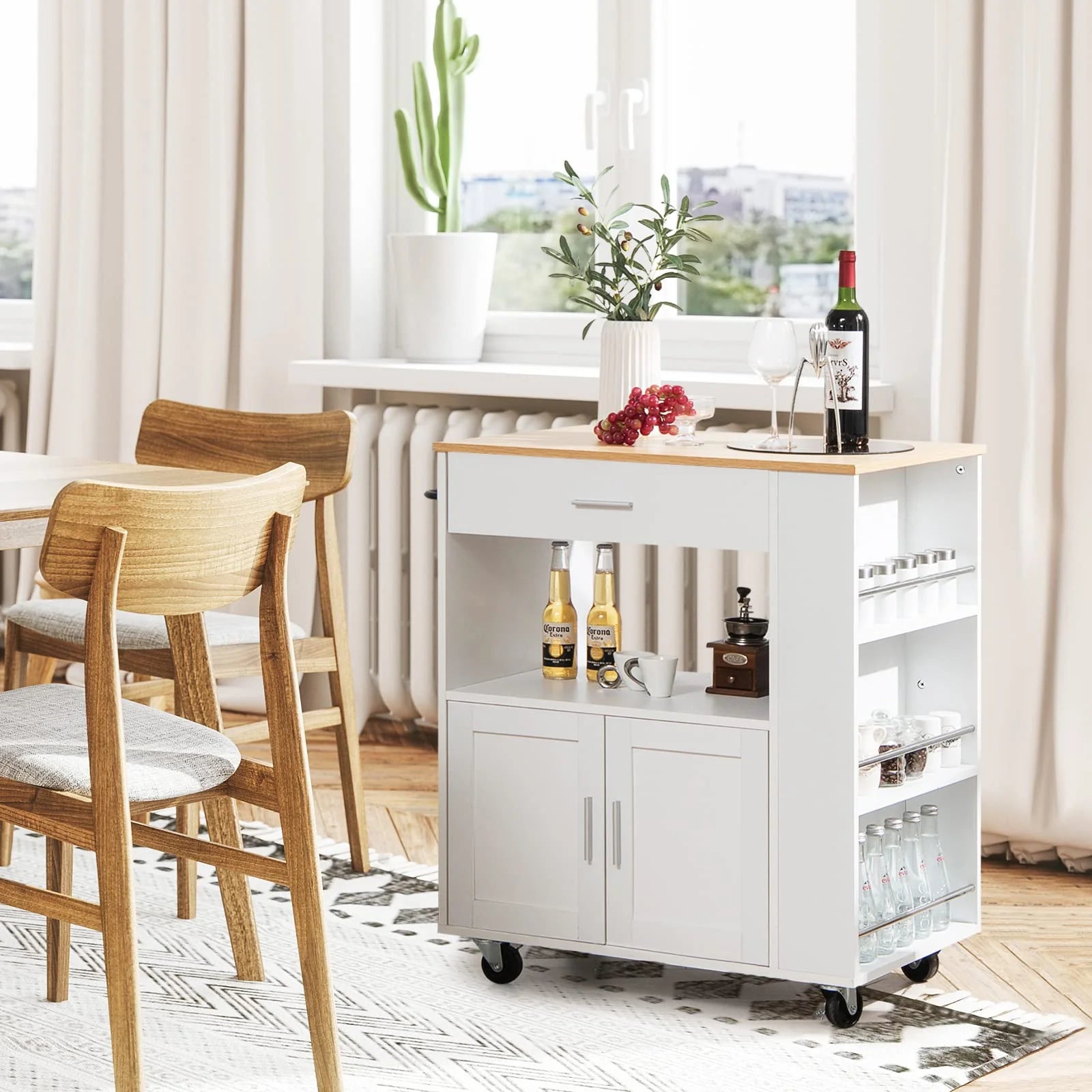 Giantex Kitchen Island Trolley, Rolling Kitchen Serving Trolley w/ 3 Spice Racks, Drawer, Open Shelf & Large Cabinet