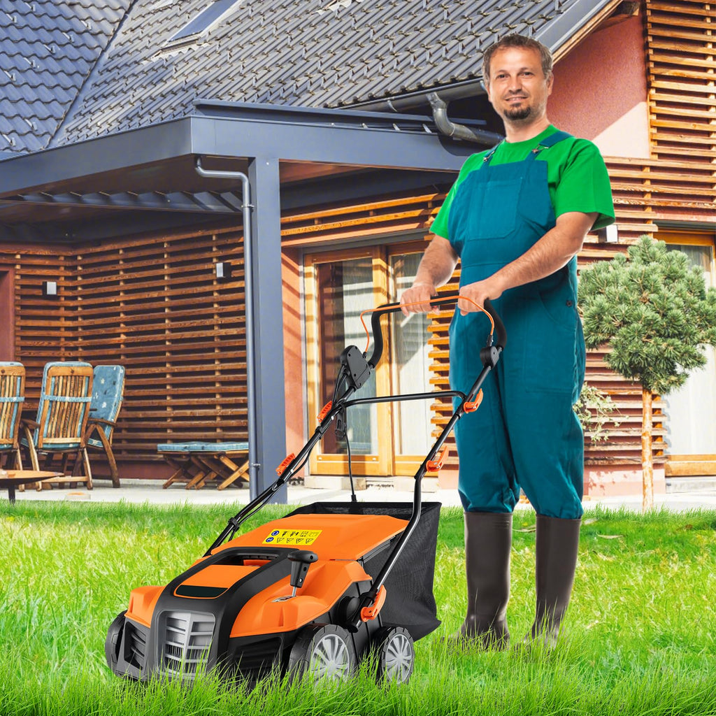 2-in-1 Scarifier and Lawn Dethatcher, 16-Inch 15A Corded Electric Dethatcher w/ 14.5-Gal Collection Bag