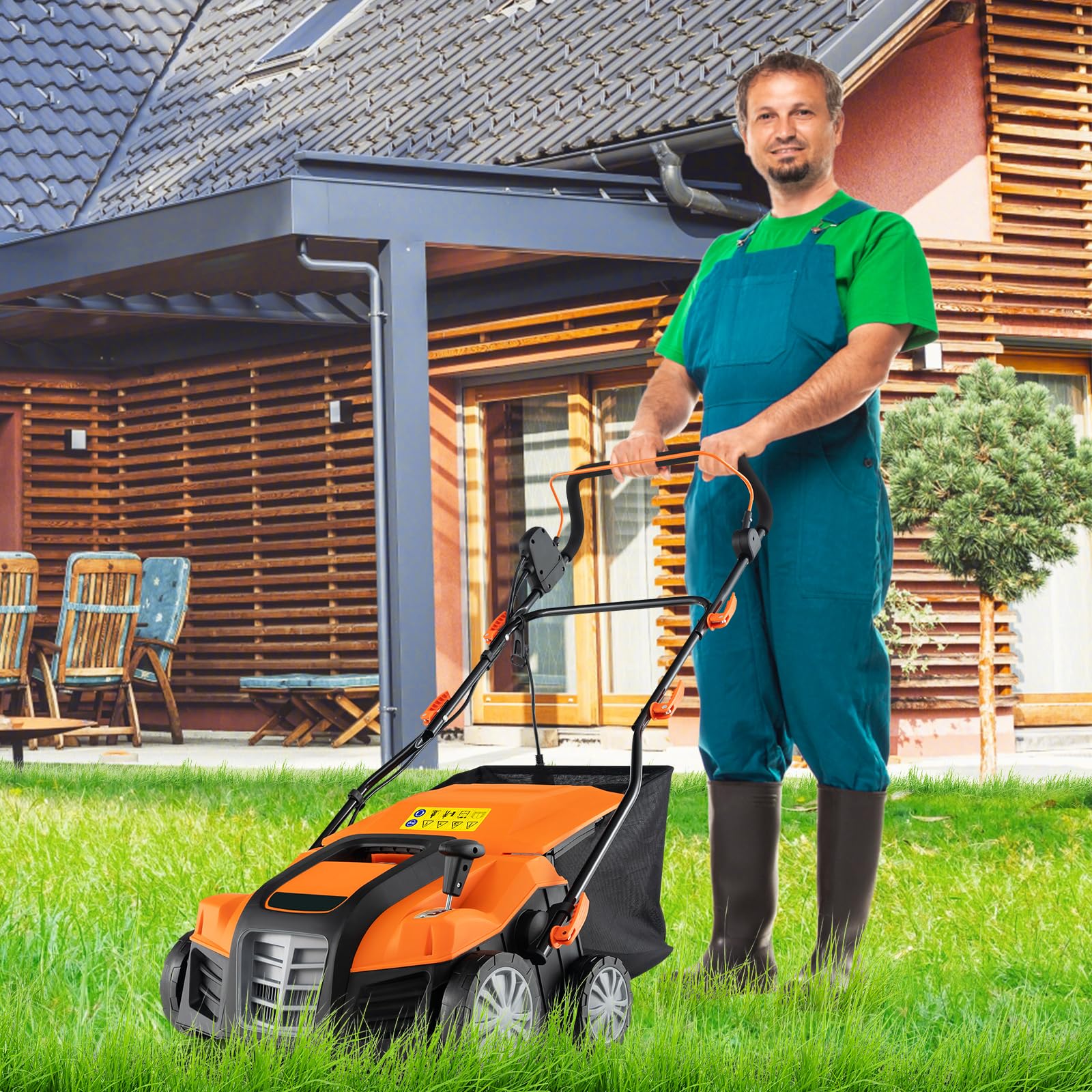 2-in-1 Scarifier and Lawn Dethatcher, 16-Inch 15A Corded Electric Dethatcher w/ 14.5-Gal Collection Bag