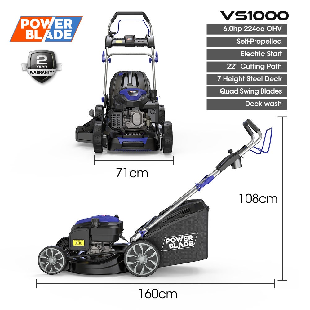 POWERBLADE 22" 224cc Self-Propelled Lawn Mower, Electric Start, 7 Height, Steel Deck, Deck Wash Port, OHV 4-Stroke Petrol - VS1000