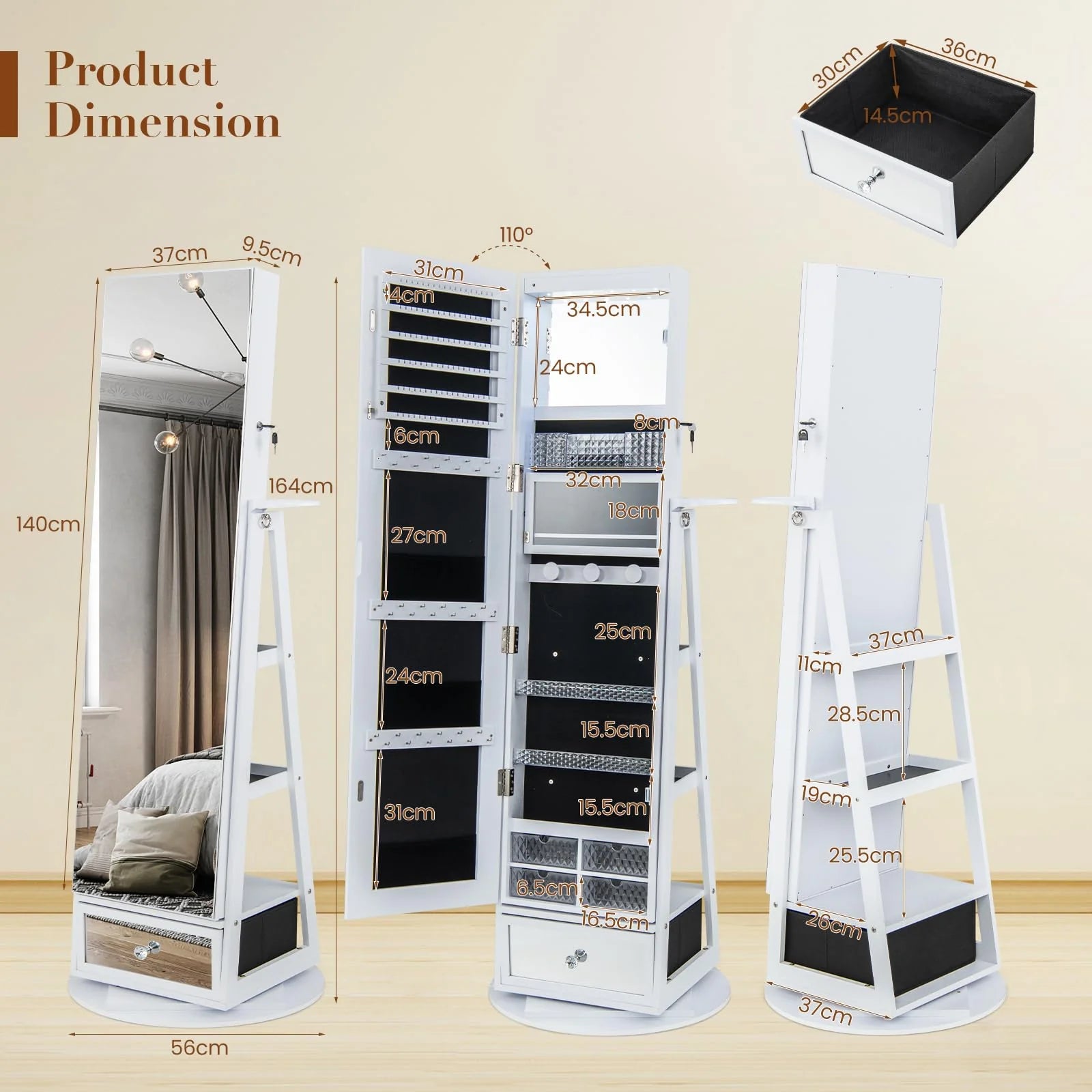 Giantex 360�� Swivel Jewelry Cabinet w/Full-Length Mirror