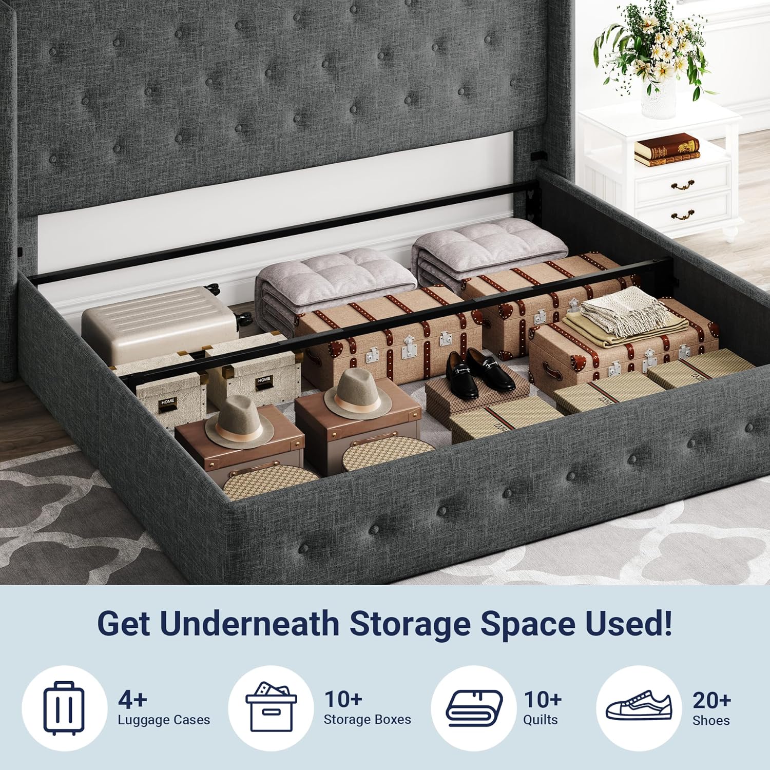 Allewie Queen Size Lift Up Storage Bed, Modern Wingback Headboard, Hydraulic Support, No Box Spring Needed, Light Beige