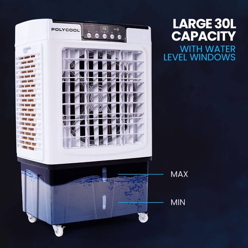 POLYCOOL 30L Evaporative Air Cooler Portable Industrial Fan, Purifier, Humidifier, Remote Control