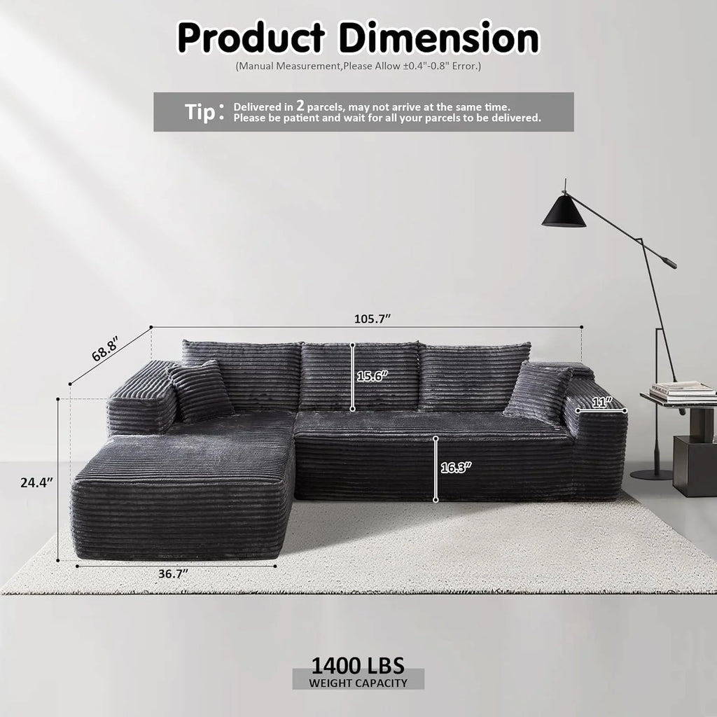 ovios 104" Cloud Sectional Couch with L-Shape Chaise,Modern Modular Sofa with Deep Seat, Upholstered Couches for Living Room Bedroom,No Assembly Required, Black (Corduroy Fabric)