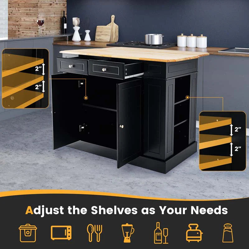47" x36" x36" Rubber Wood Top Kitchen Island with Drop Leaf, 2 Drawers, Kitchen Storage Cabinets, Spice Racks, Adjustable Shelves
