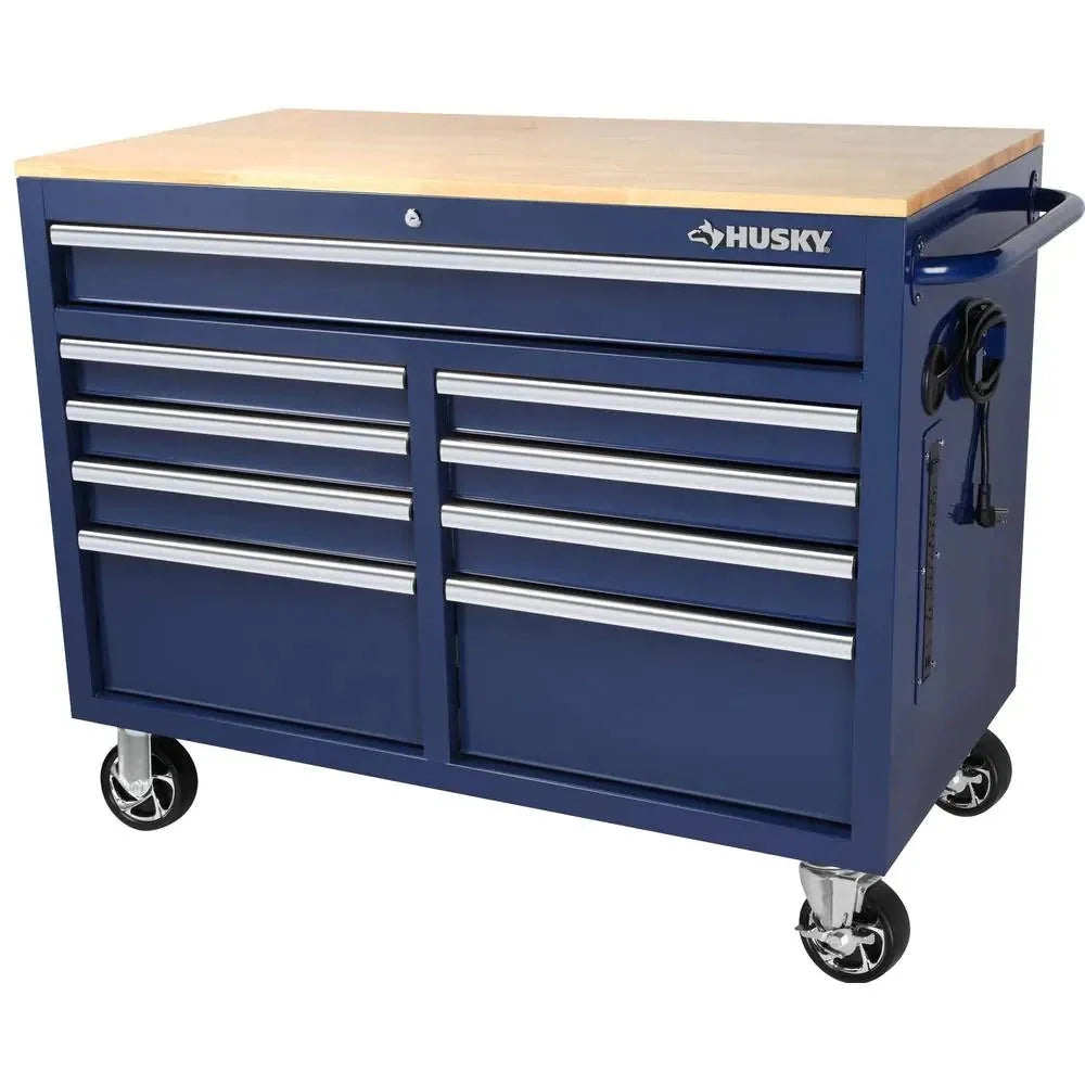 Mobile workbench with 9 drawers, hardwood top and power connection, 117 cm W x 62 cm D – high-gloss black