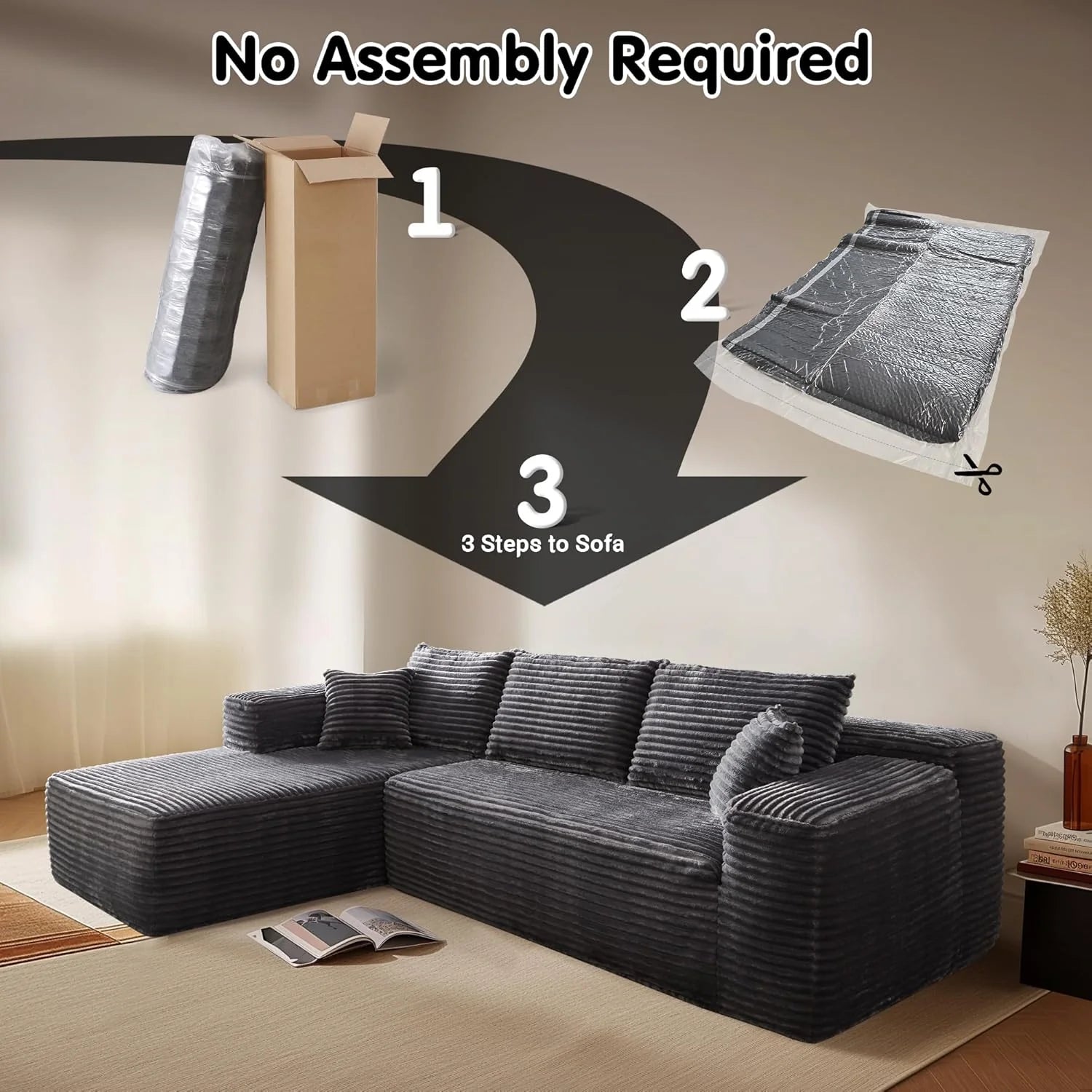ovios 104" Cloud Sectional Couch with L-Shape Chaise,Modern Modular Sofa with Deep Seat, Upholstered Couches for Living Room Bedroom,No Assembly Required, Black (Corduroy Fabric)