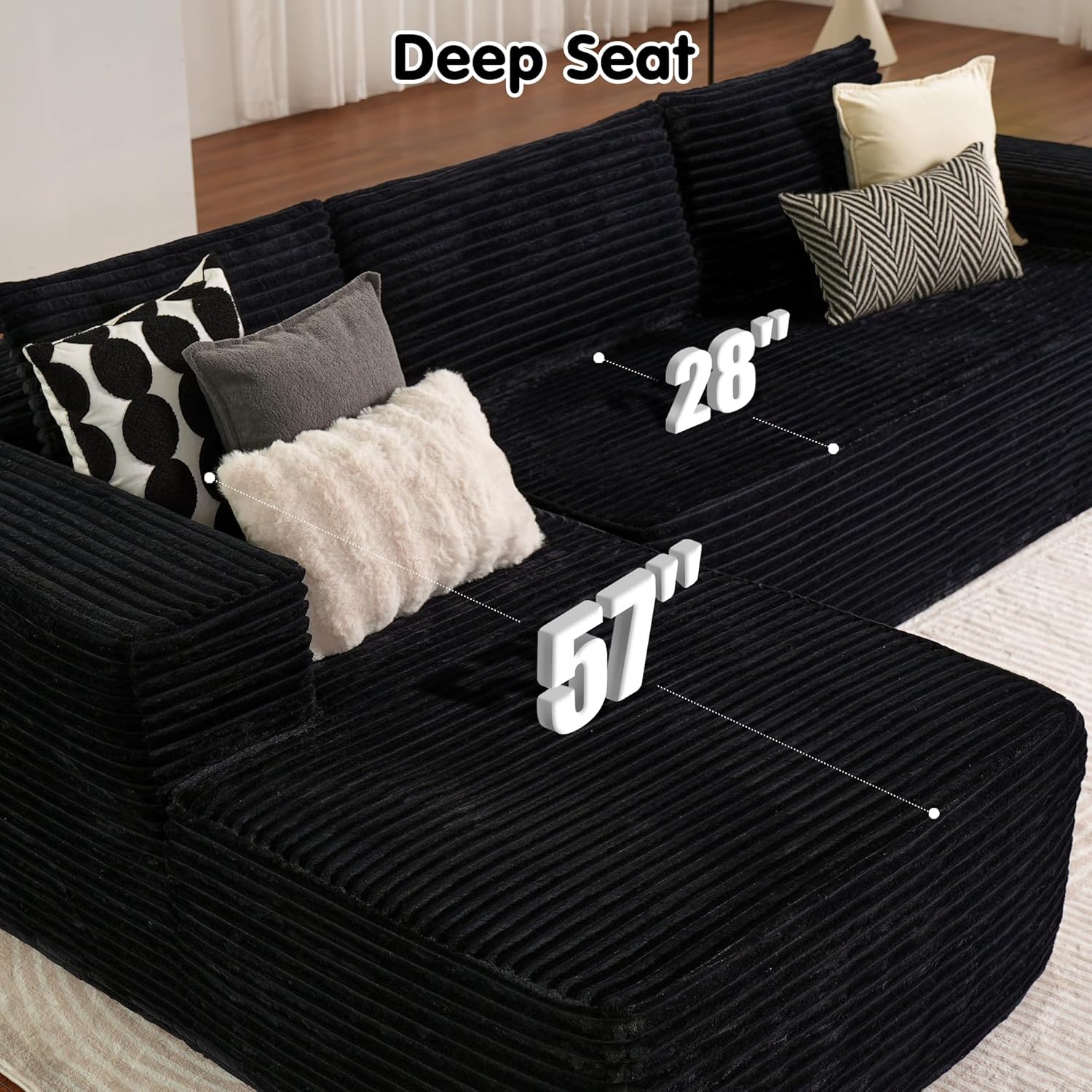 ovios 104" Cloud Sectional Couch with L-Shape Chaise,Modern Modular Sofa with Deep Seat, Upholstered Couches for Living Room Bedroom,No Assembly Required, Black (Corduroy Fabric)