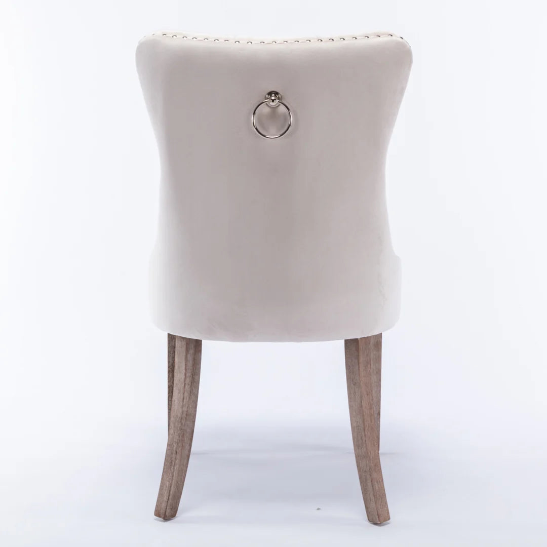 8x Velvet Dining Chairs Upholstered Tufted Kithcen Chair with Solid Wood Legs Stud Trim and Ring-Beige