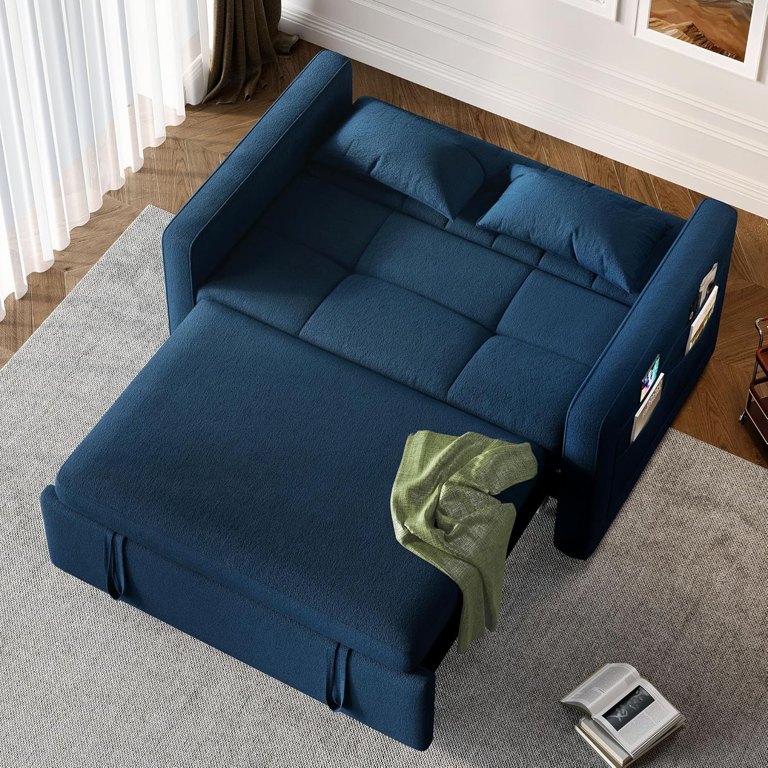 DWVO 3-in-1 Convertible Sofa Bed, 55" Sleeper Sofa with Pull-Out Bed, Cat-Scratch-Proof Fabric Futon Couch with Adjustable Backrest and Side Pocket, Loveseat for Living Room Apartment, Grey