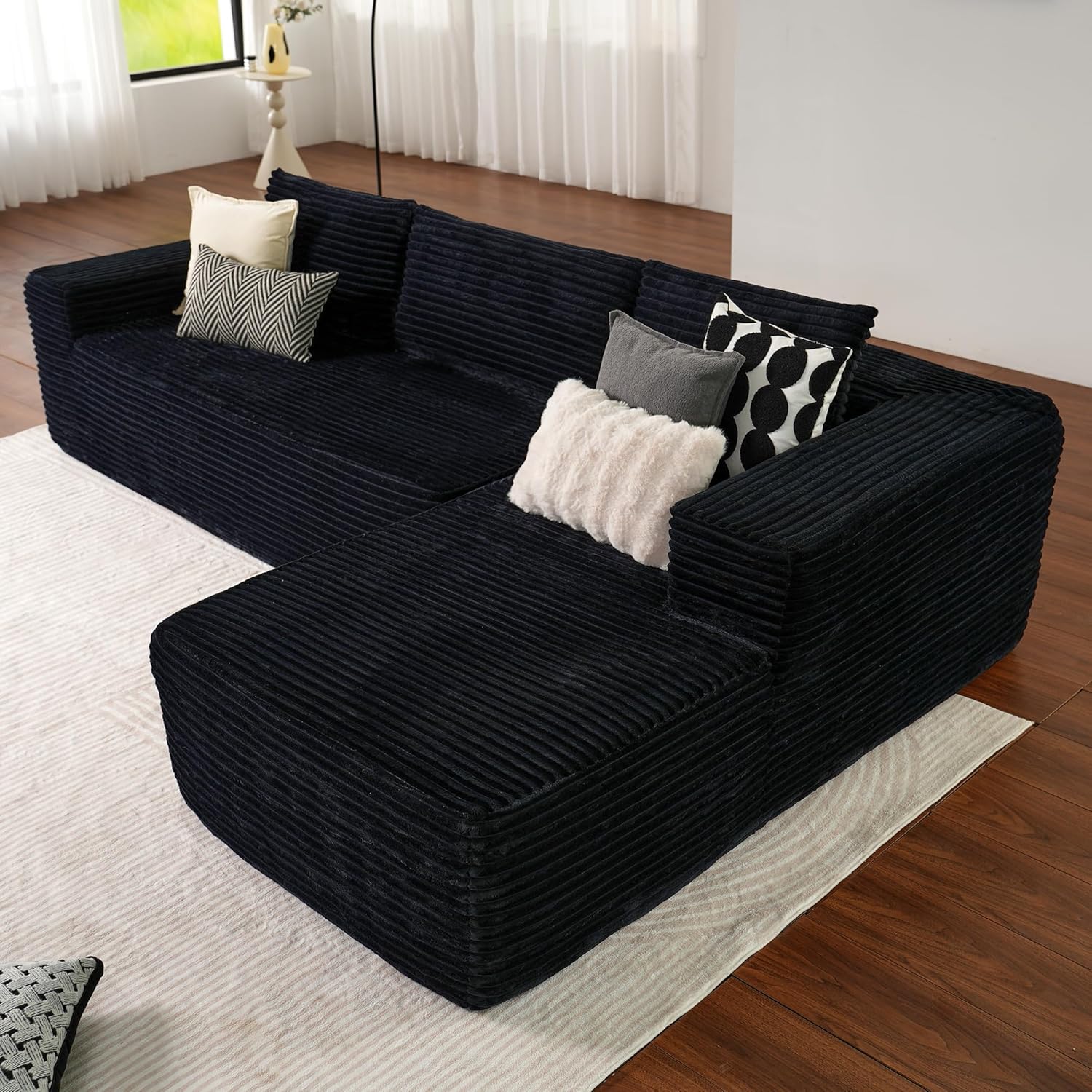 ovios 104" Cloud Sectional Couch with L-Shape Chaise,Modern Modular Sofa with Deep Seat, Upholstered Couches for Living Room Bedroom,No Assembly Required, Black (Corduroy Fabric)