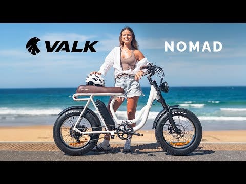VALK Nomad Electric Fat Tyre Bike, 350W, 32km/hr, Throttle ebike, Disc Brakes, Step-Through Alloy, Shimano 7 spd, 20x4" Kenda Tyres, Suspension, Black