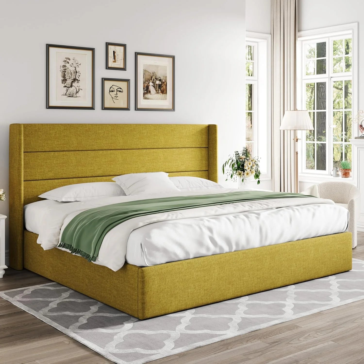 Allewie Queen Size Lift Up Storage Bed, Modern Wingback Headboard, Hydraulic Support, No Box Spring Needed, Light Beige