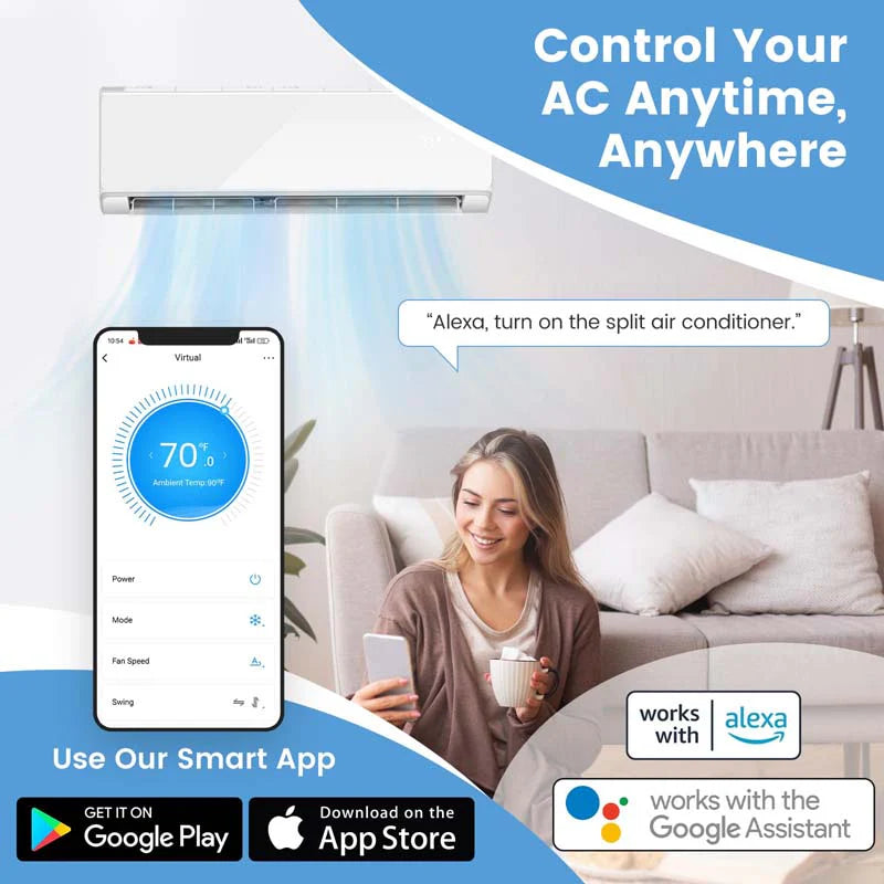 18,000 BTU 21 SEER2 208-230V Wifi Enabled Mini-Split Air Conditioner with Alexa, Wall Mounted Ductless AC Unit Inverter Heat Pump System